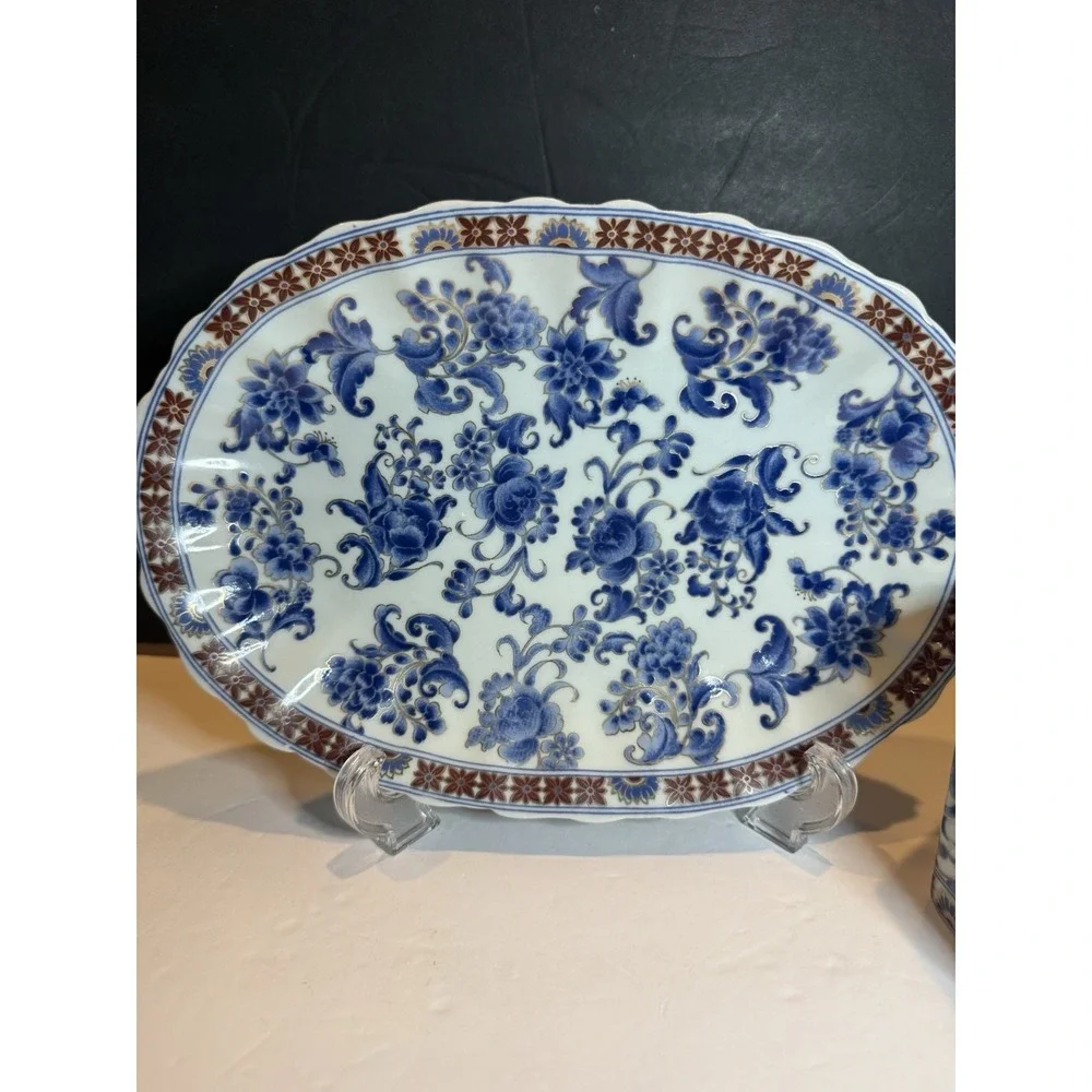 Blue & White Floral Porcelain Decorative Tray and Covered Box Set